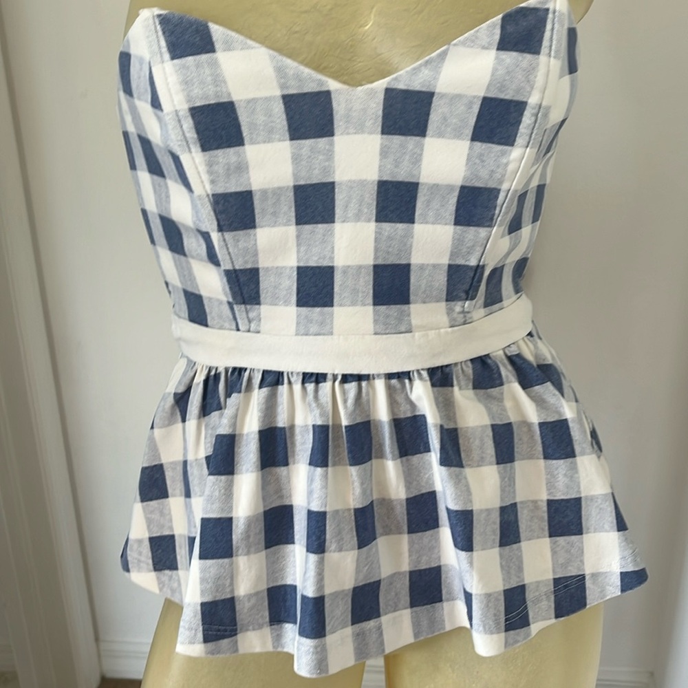 Nasty Gal Blue Gingham Strapless Peplum Top